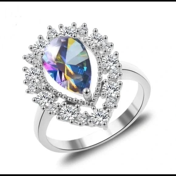 Silver Rainbow Topaz Rhinestone Halo Ring - Picture 1 of 3
